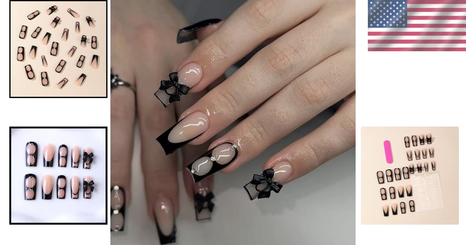 24 Pcs Reusable Black Bow Press On Nails – Glossy French Tips for Every Occasion