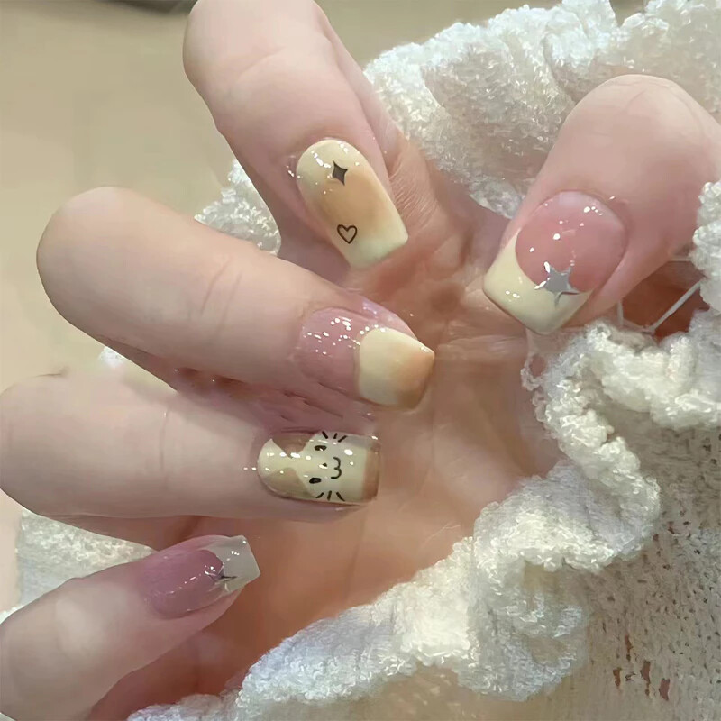Handmade French Handpainted Cute Animal 3D Bow Fake Nail Short Press On Nail Set