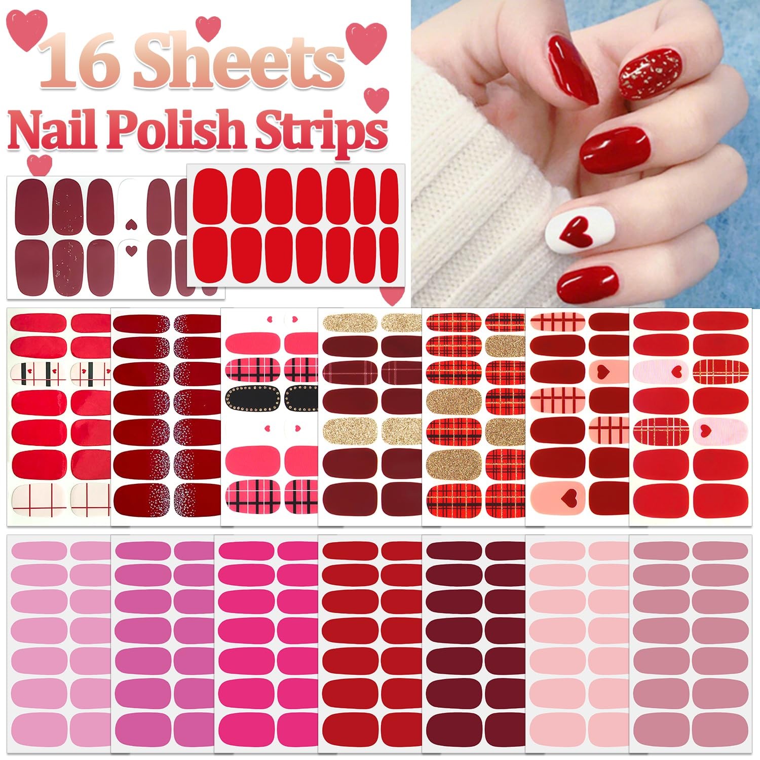 16 Sheets Nail Polish Strips Red Plaid Solid Color Nail Wraps for Women Self …