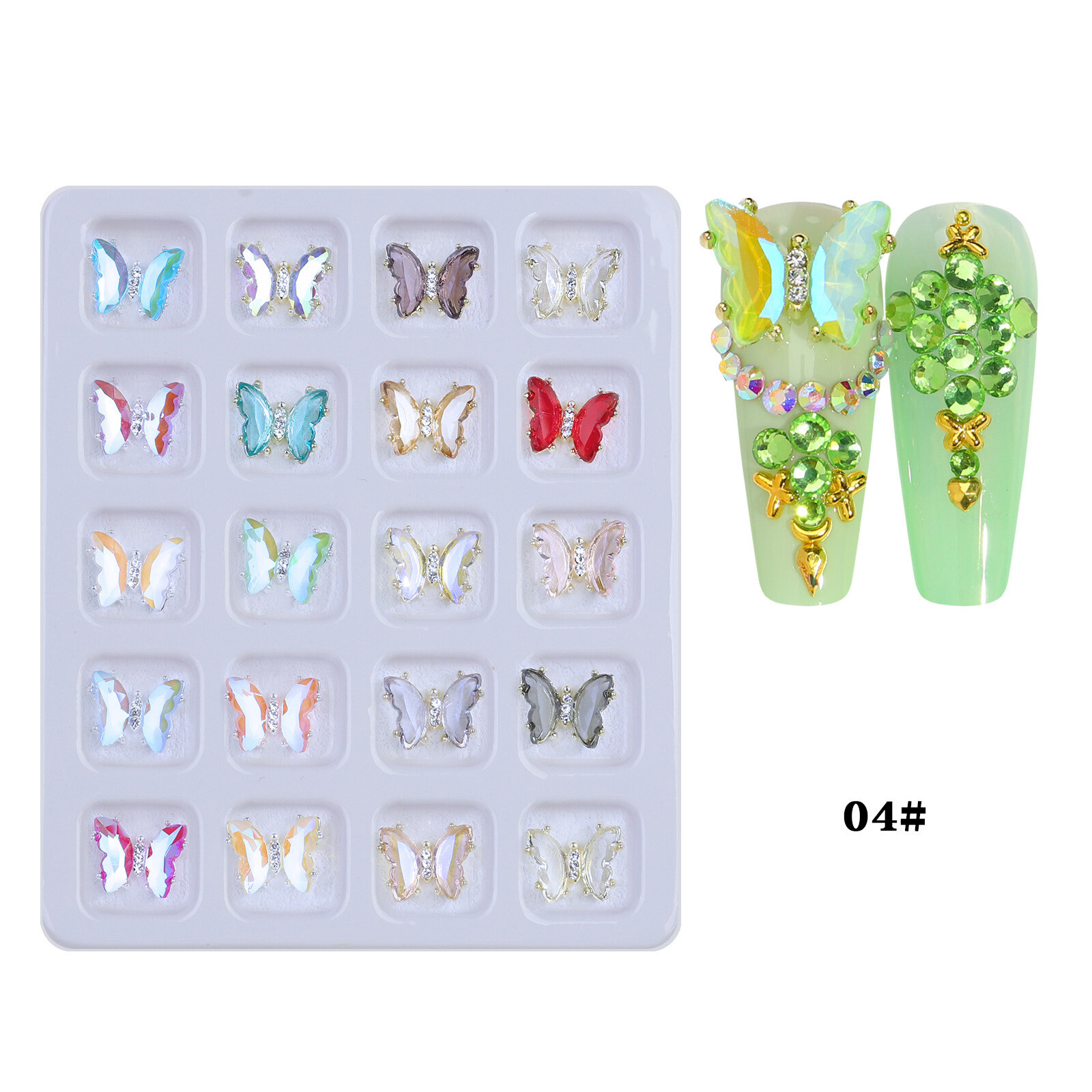 20 Grids Nail Art Rhinestones Glitter Heart Diamond Crystal Butterfly DIY Decora