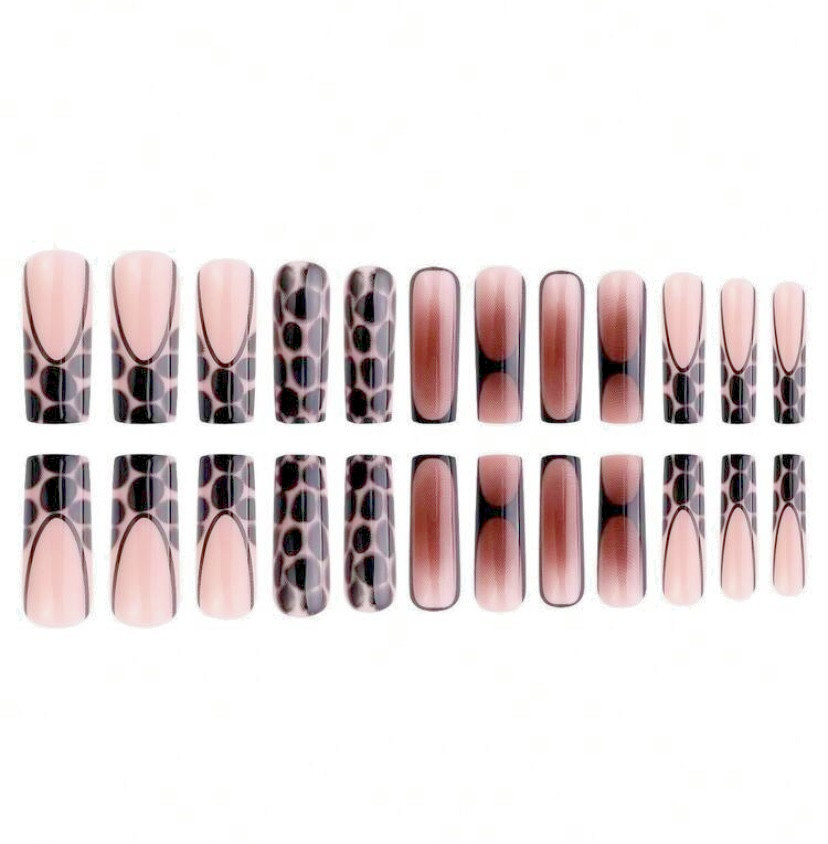 24pcs Long Square Leopard Print French Manicure High Gloss – Press-On Nails New