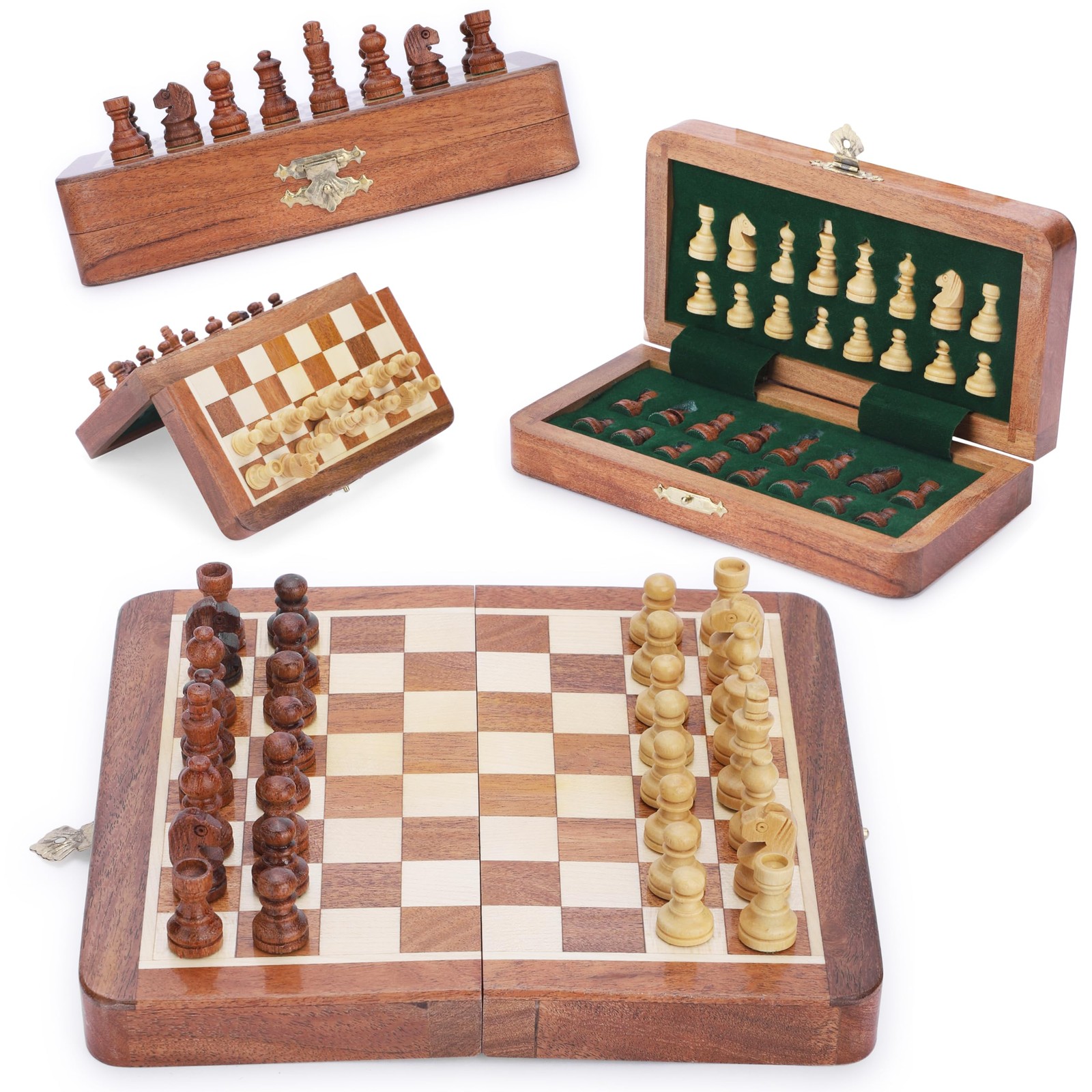 Ajuny Magnetic Travel Chess Set – Handcrafted Acacia Wood, 7×7, Brown