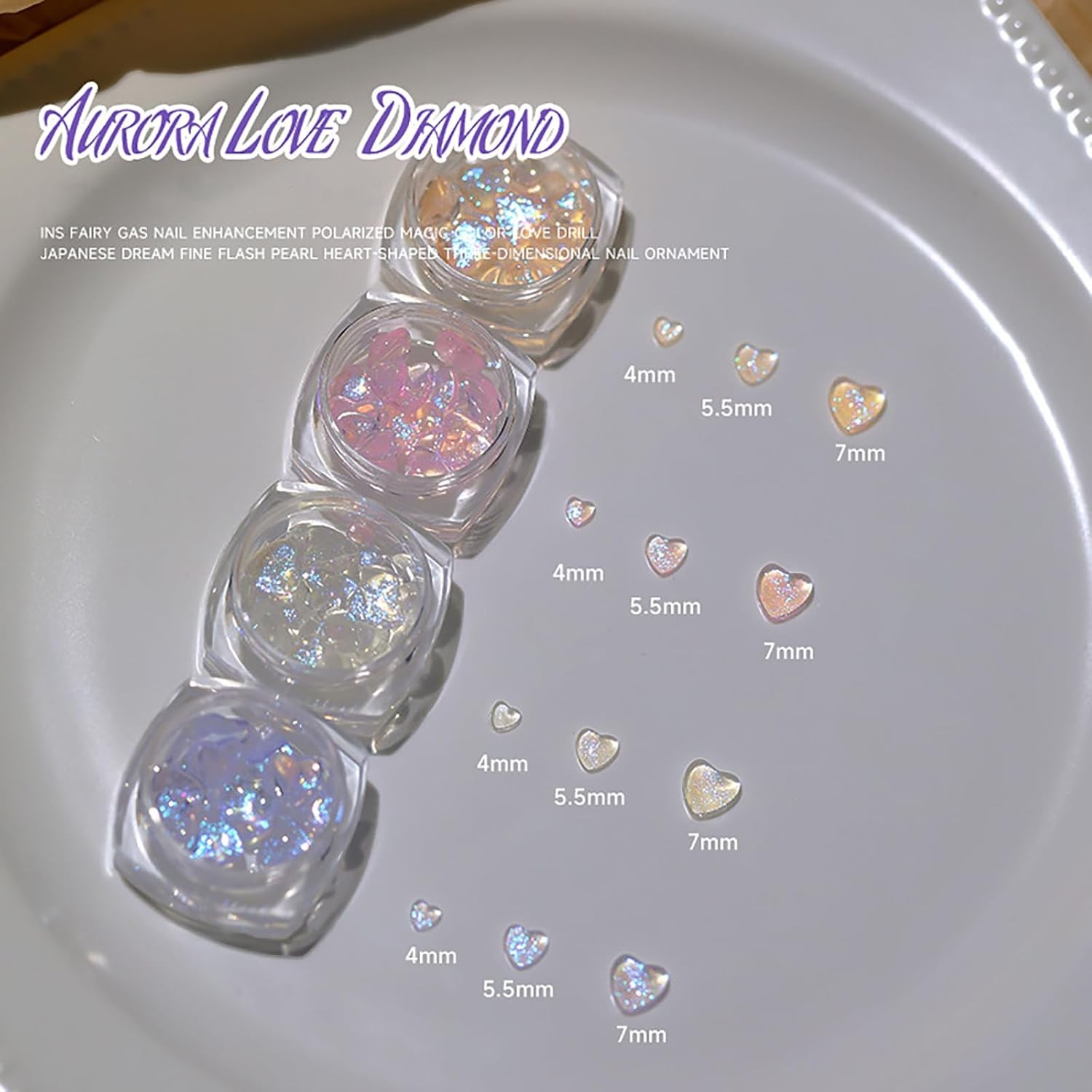 6 Jars Heart Nail Art Charms, 180Pcs Aurora Resin Rhinestones 3D