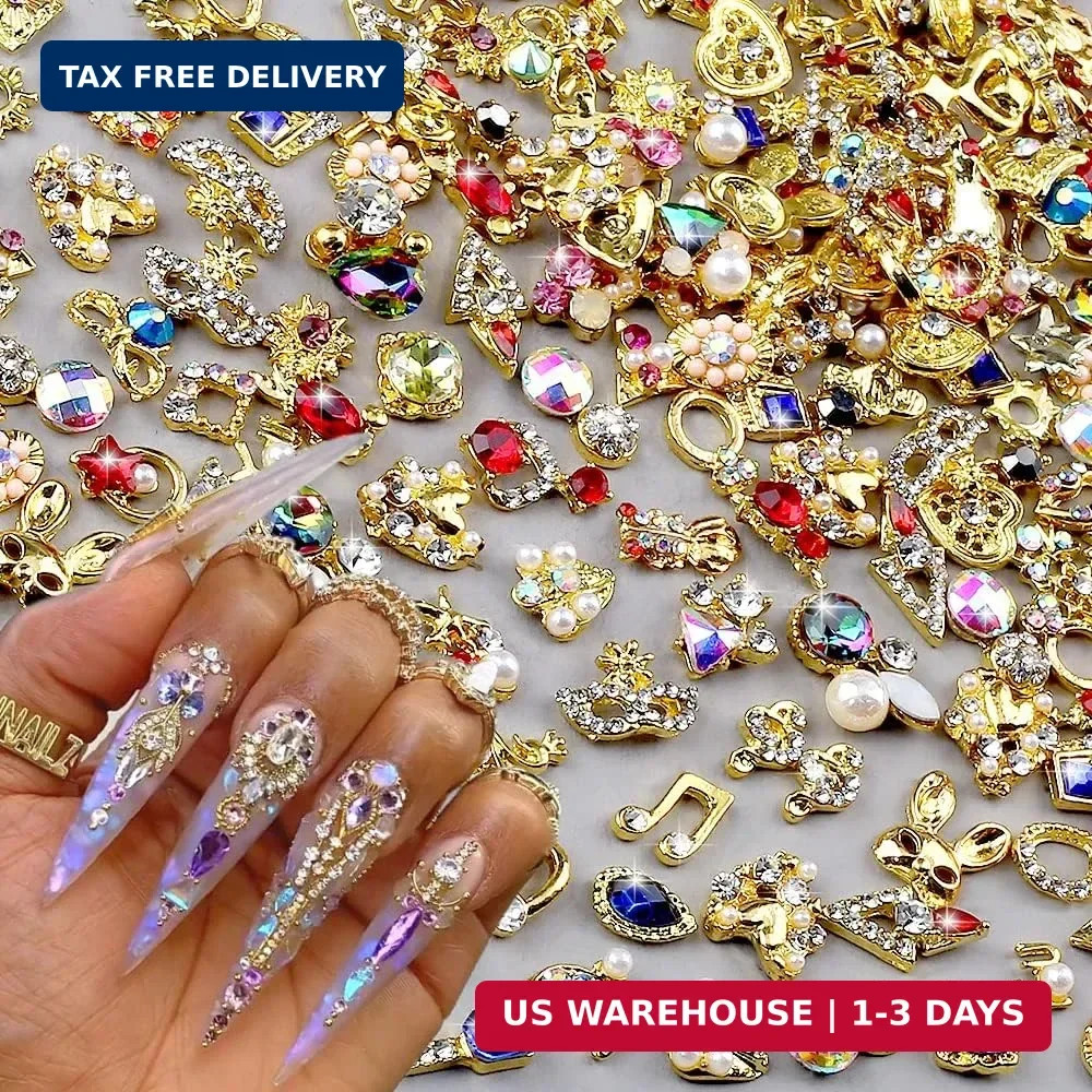 50pcs 3D Gold Nail Charms for Acrylic Nails Mix Styles Rhinestones for Nails Met