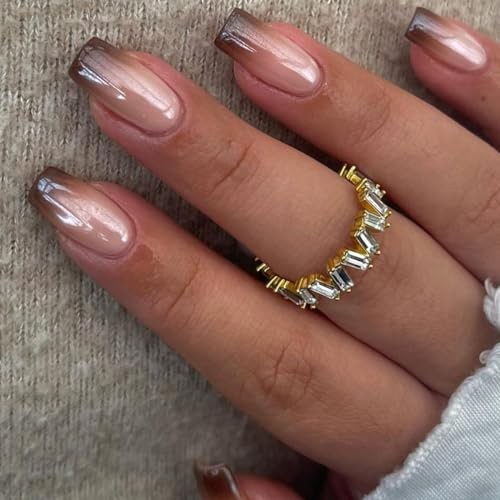 24pcs Medium Square Fake Nails, Brown Gradient Press on Nails with Style 6
