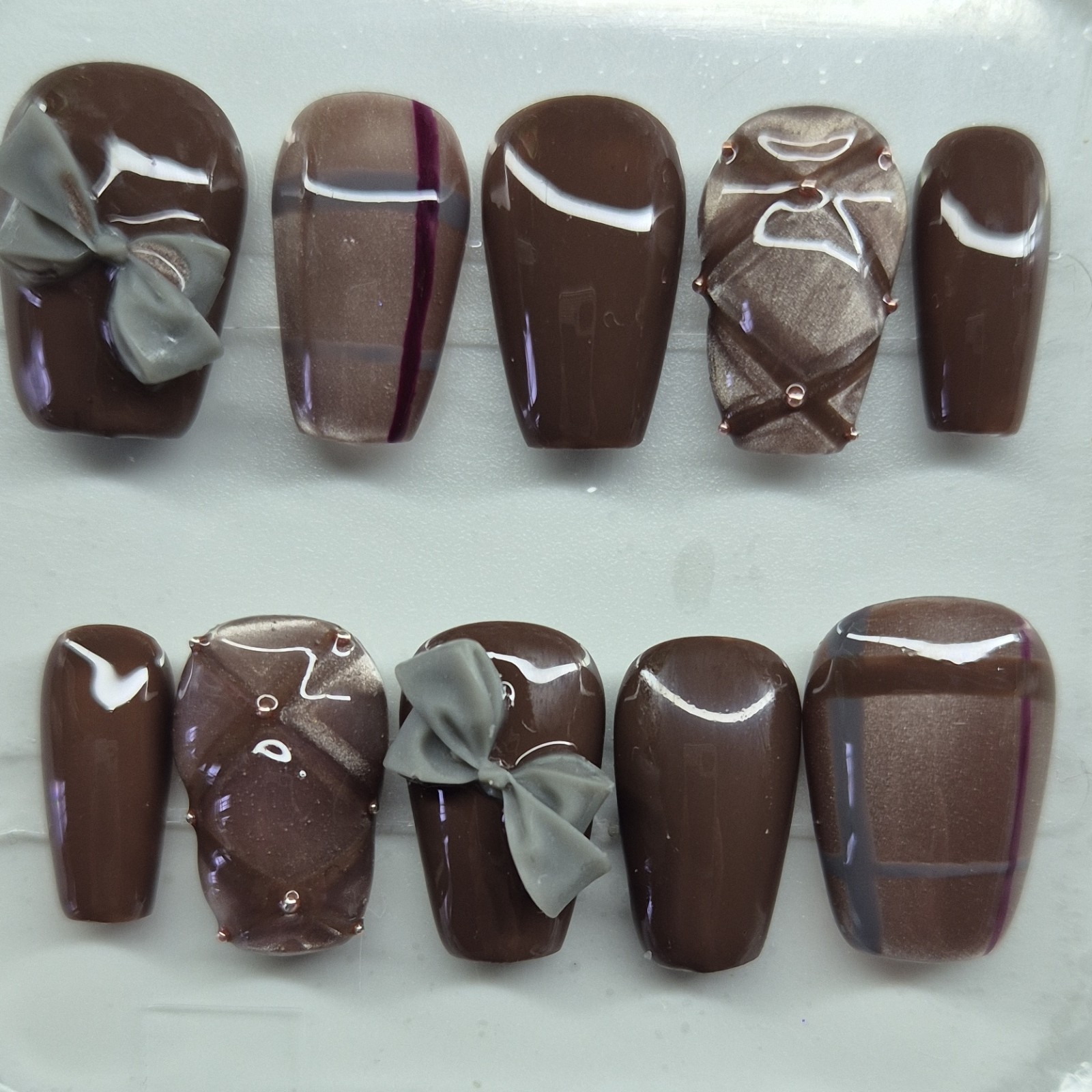 Brown Gray 3D Bow Square Oval Press-On Nails Set Pre-Designed Full Cover