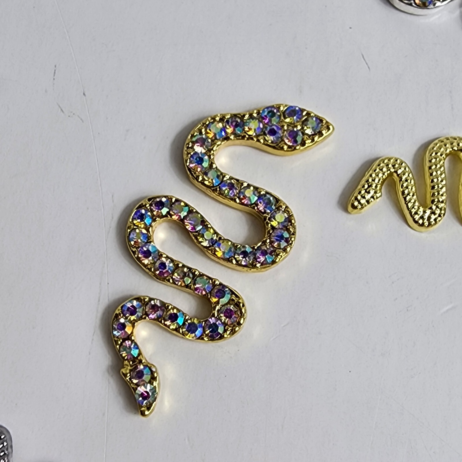 24 3D Metal Snake Nail Art Charms Gold Silver Black Snake Rhinestone Gems Decor