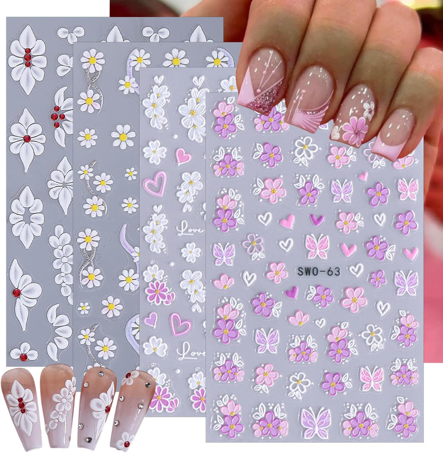 4 Sheets 5D Embossed Gradient Flowers Nail Stickers for Nail Art Design Summer F