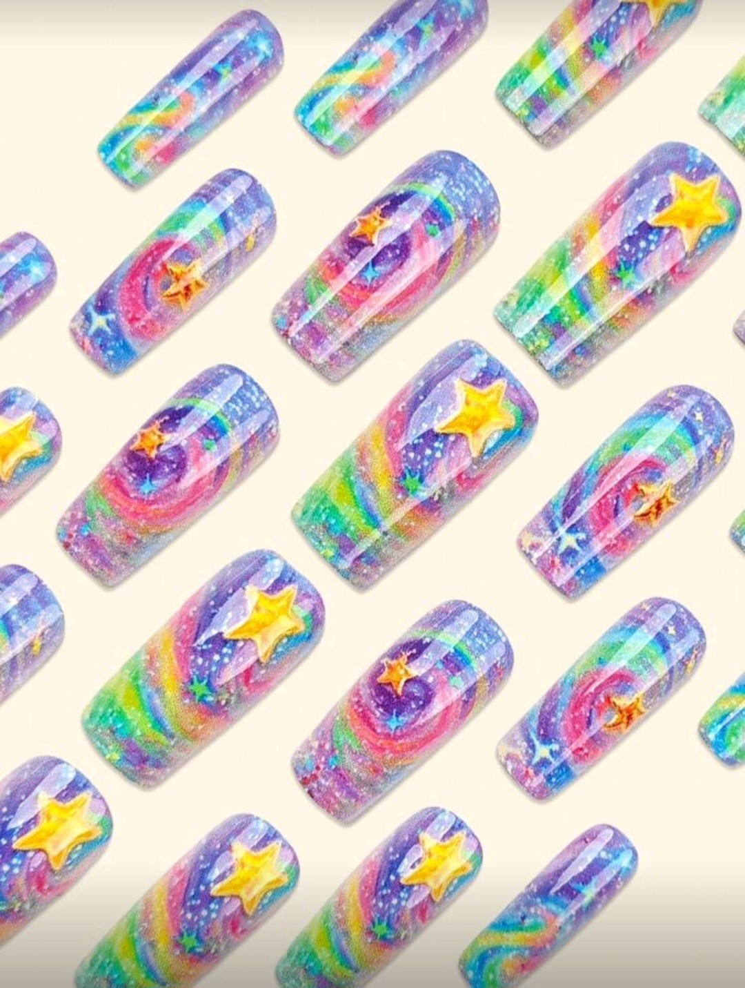 Press-On Nails Wish Upon A Star Rainbows Medium/Long Coffin