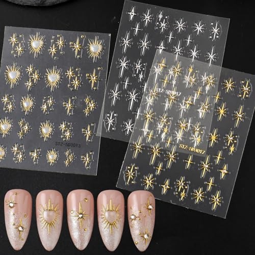 Holographic Gold Star Nail Stickers with 5D Embossed Rhinestones & Laser