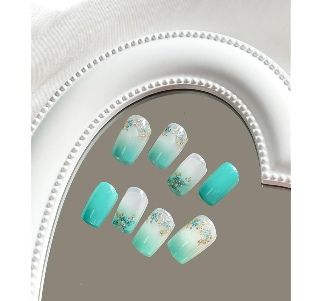 Summer Gradient Lake Blue Full Cover False Nails – 24 Pcs Glossy Stick…60% OFF