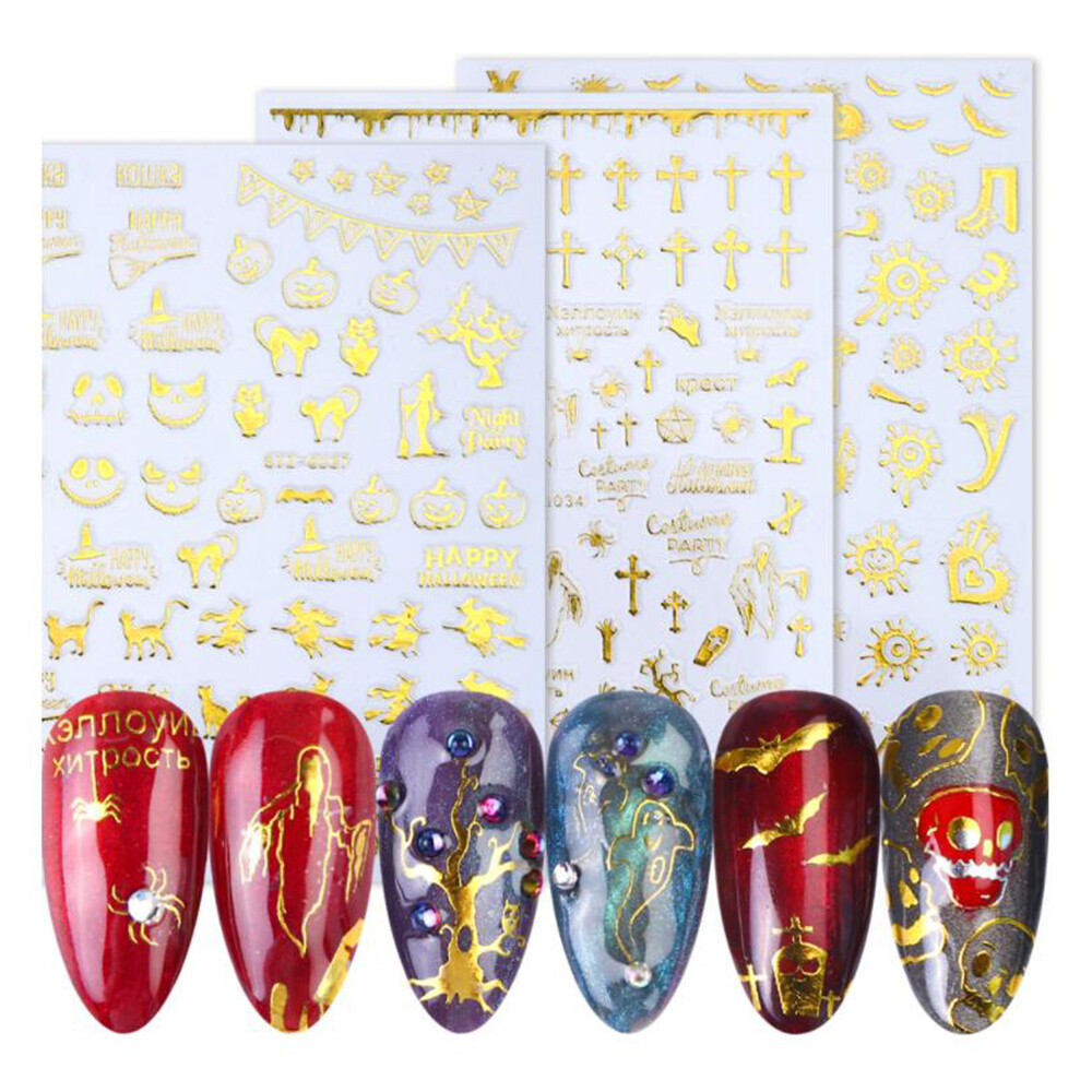 Gold Black Halloween Bat Witch Pumpkin Skull Nail Sticker Art Decal Waterproof