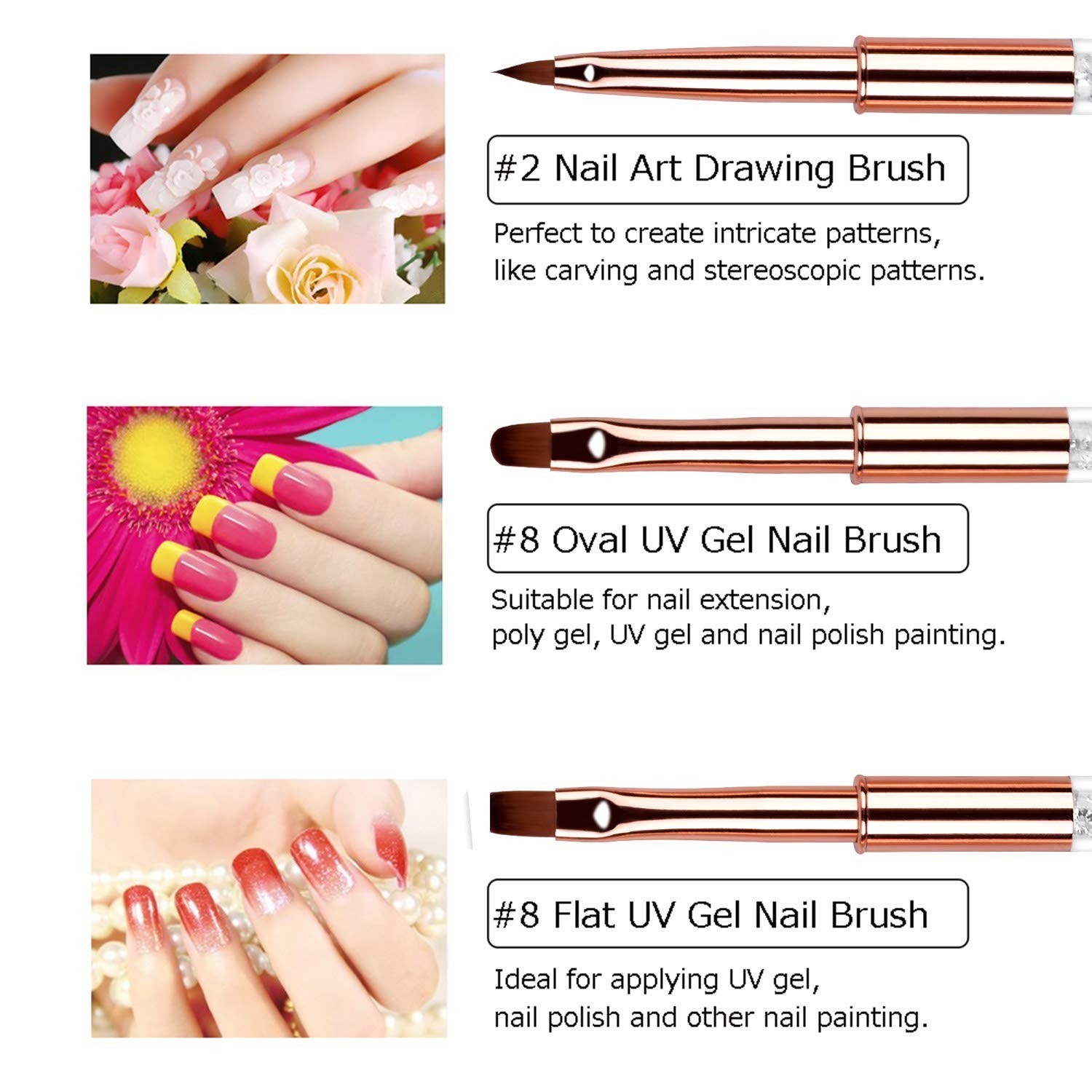 5pc Nail Art Brush Set – Rose Gold Rhinestone Handles, Gel Polish & Liner Brushe