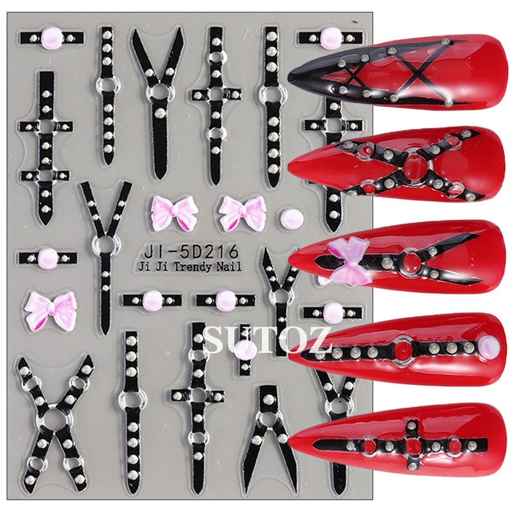 Nail Art Stickers Black Relief Belt Bondage Gothic Stiletto French Decals NH27