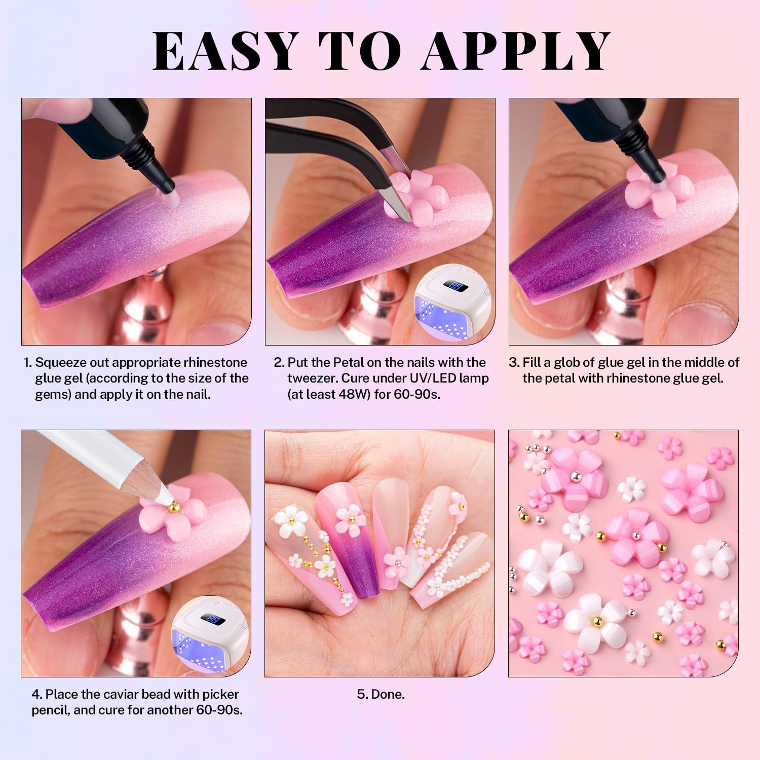 3D Flowers Nail Charms and Gems Nail Flowers with Rhinestone Glue Gel