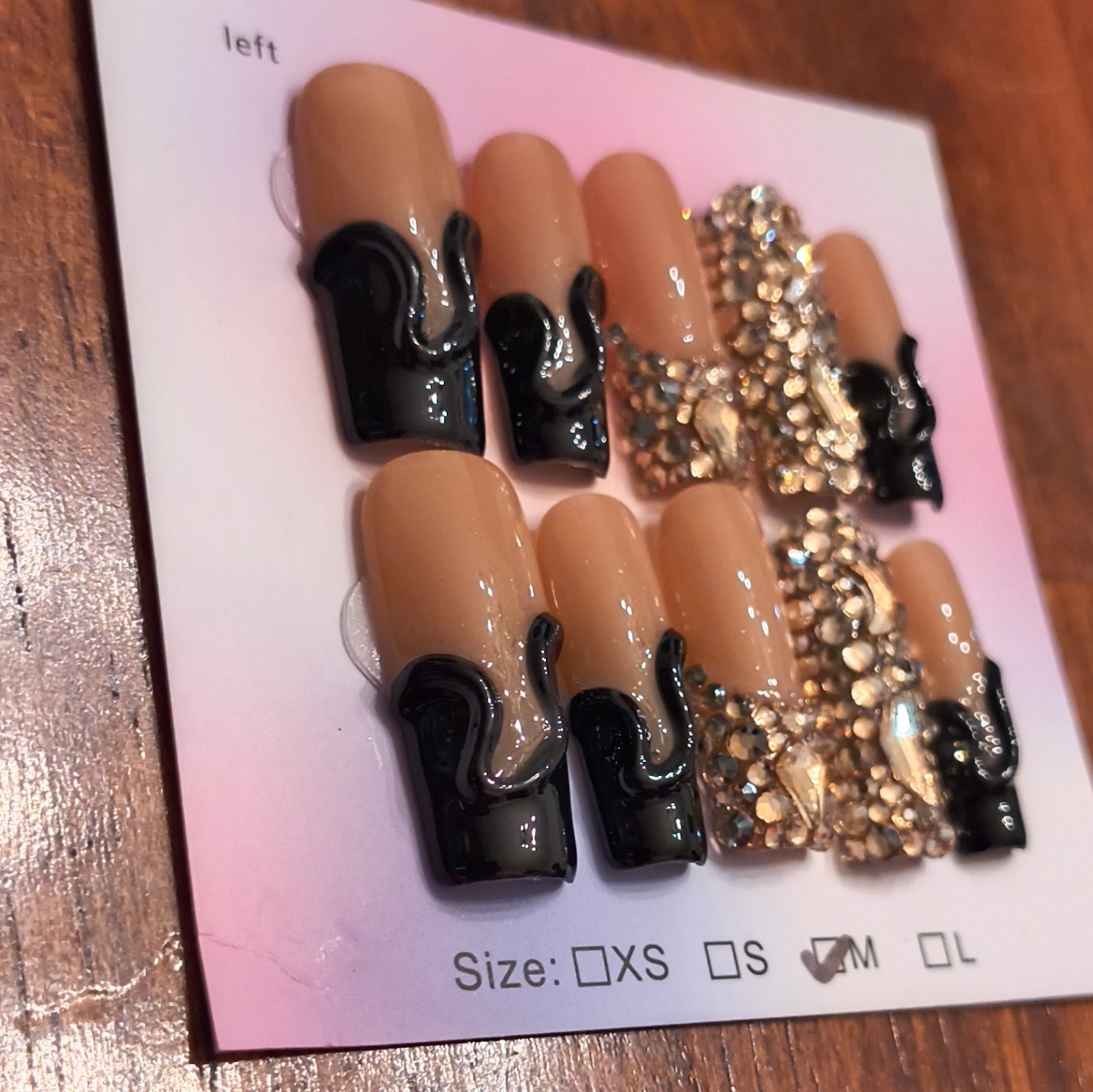 Press-On Nails Medium Square Nude Black Gold 3D Rhinestone Full Cover Set
