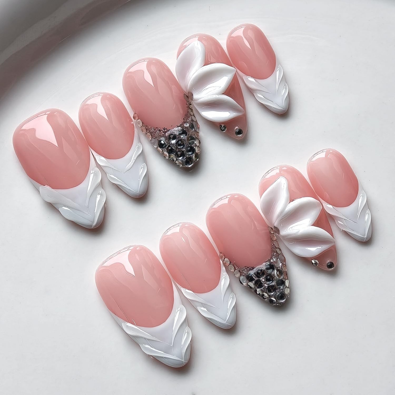 French Tip Press on Nails Handmade Medium Almond 3D Thick Acrylic Nails White…