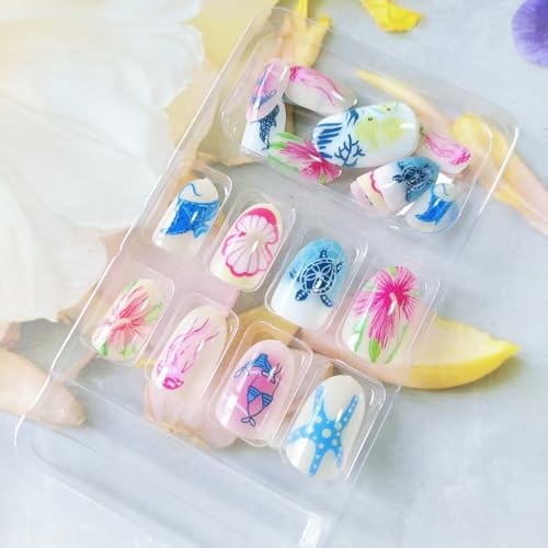 Short Almond Press on Nails – Beach Ocean Theme – Starfish Style – 10 Nails