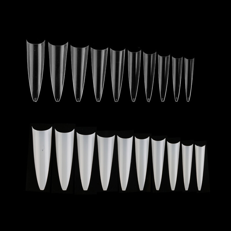 500 Pcs Long Stiletto Pointed Nail Tips False Full Cover Acrylic Curved 10 Sizes