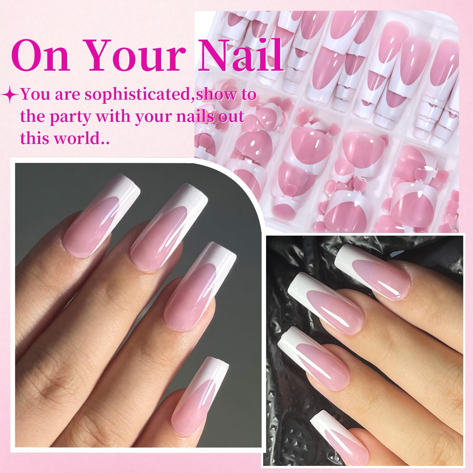 144 Pcs Black French Tip Press on Nails & Press on Toenails Set, Medium Squar…