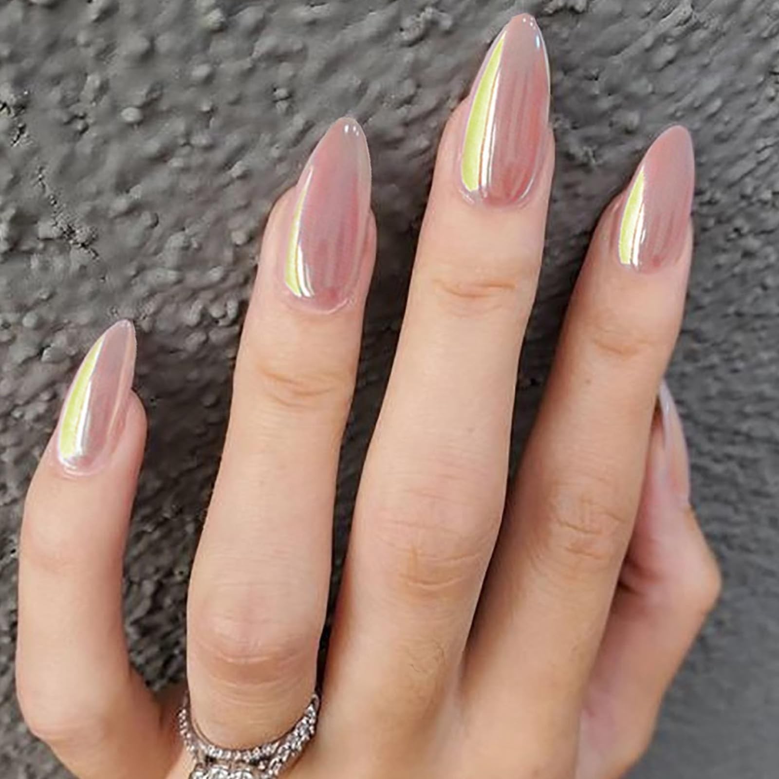 Almond Press on Nails Medium Pink Fake Glossy Chrome Medium, Style9