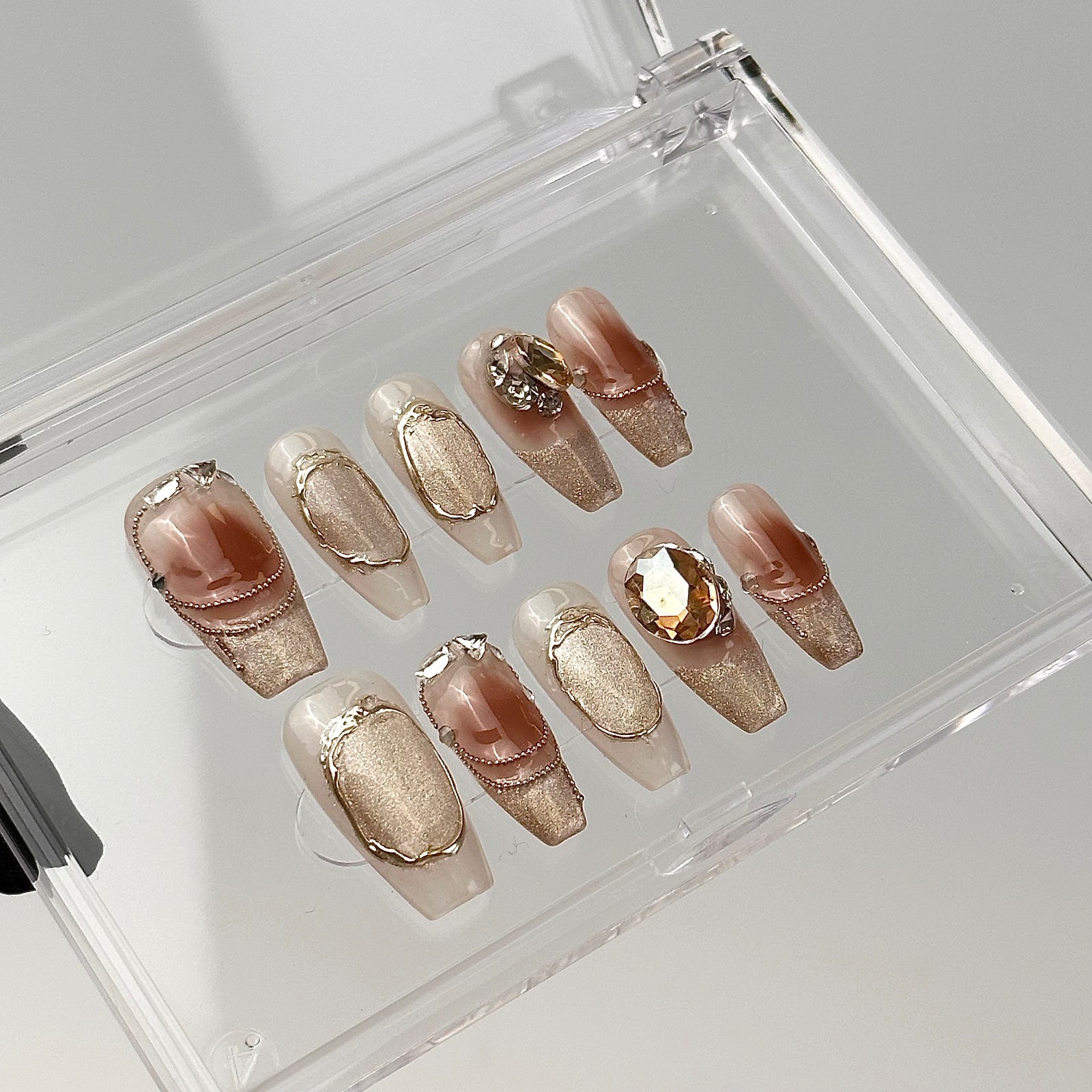 Marble Brown Cat Eye Amber Press On Nails, 3D Gold Luxury Handmade Nail Set