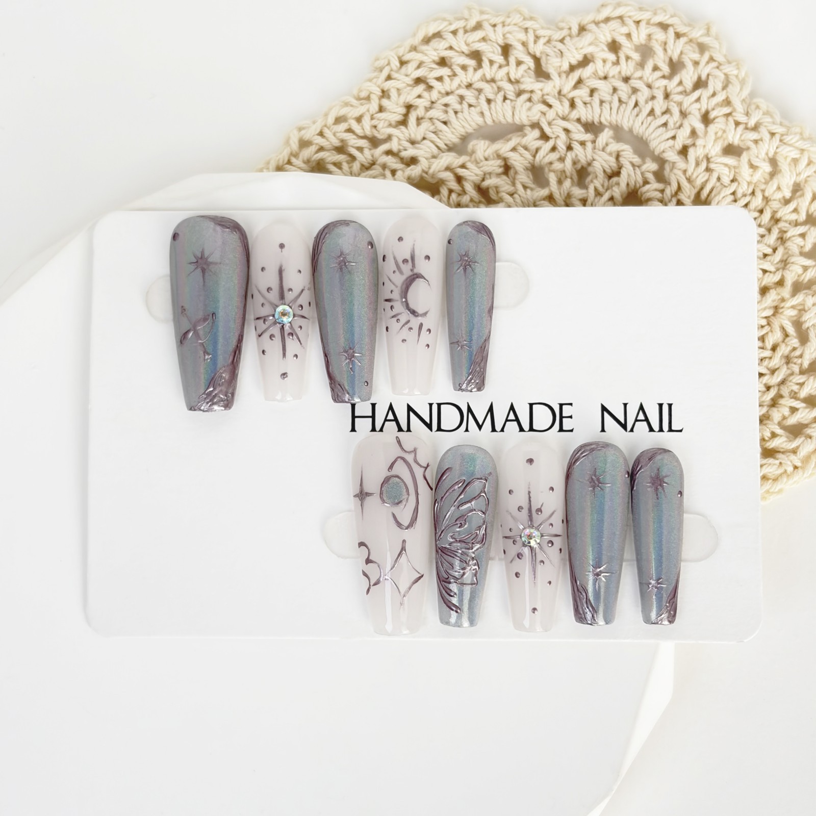 Futuristic Silver Gray Diamond Thorn Coffin Press-On Nails with Metal Details