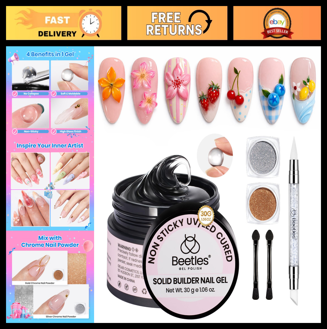3D Gel Nail Art Kit – 1oz Clear Builder Gel, 5-in-1 Non-Sticky Sculpting Pen for