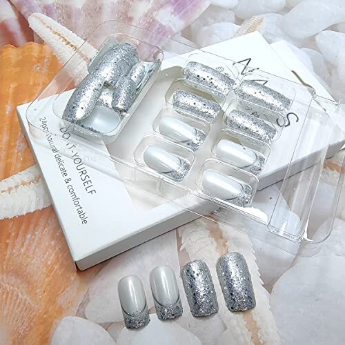 24 Pcs French Tip Press on Nails Medium Square False Nails Silver Glitter2