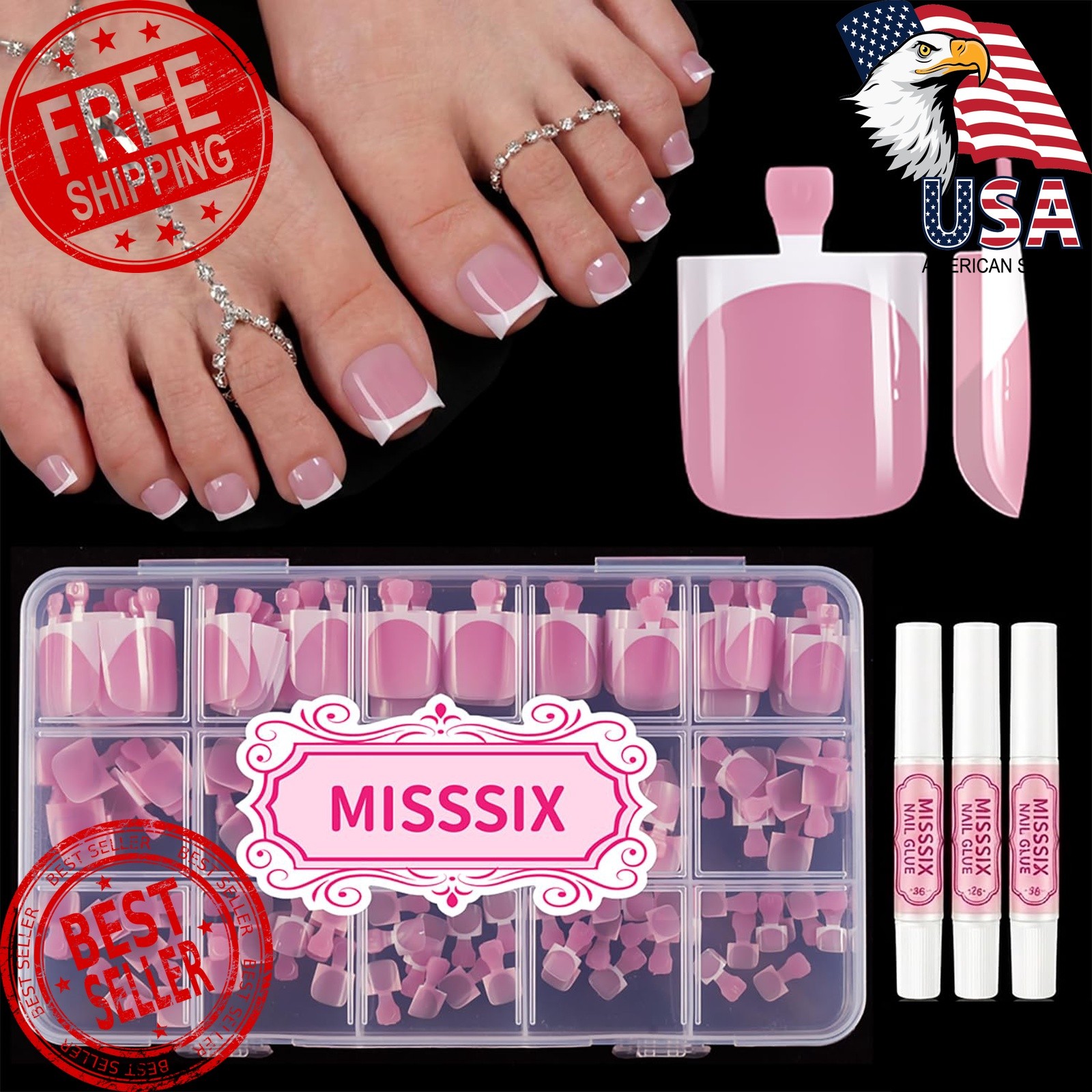 Misssix Press on Toenails Short, 150pcs French Tip Toe Nails with Glue | Whit…