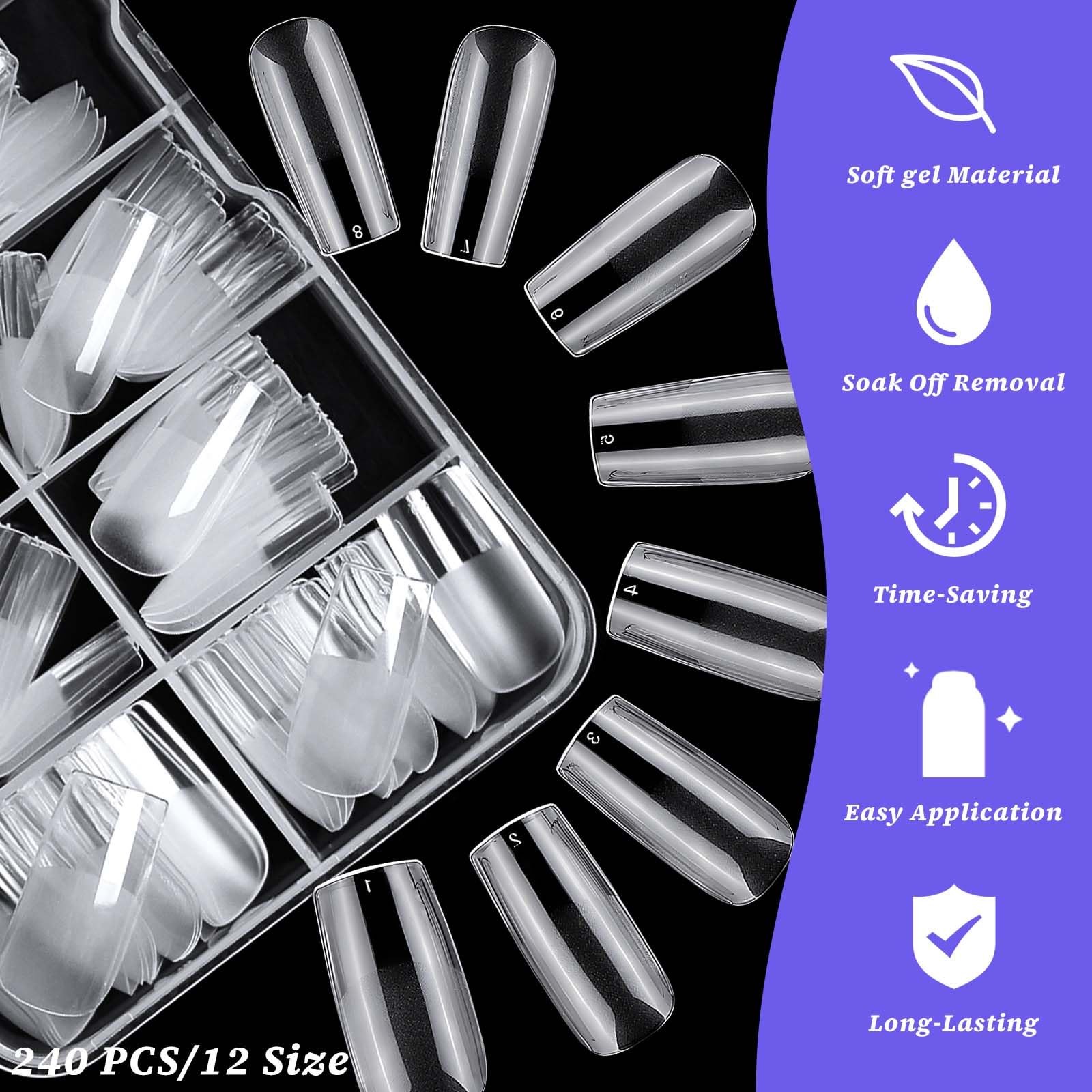 240pc Medium Nail Tips Square Fake Nails Clear Press ons Nail, Medium Square …