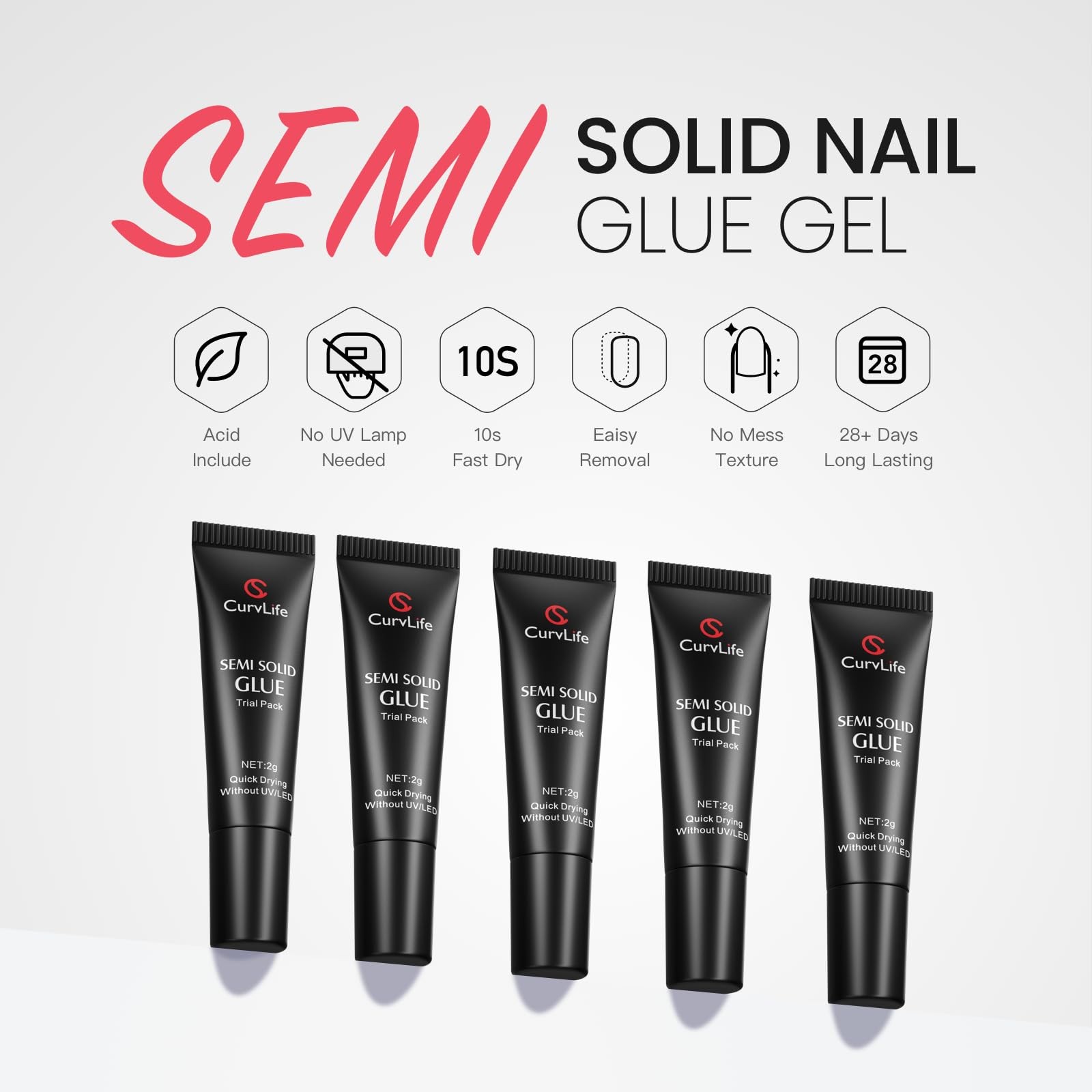 Nail Tips Semi Solid Nail Glue 2g (5pcs)Super Strong, Soft Glue Gel Quick Drying