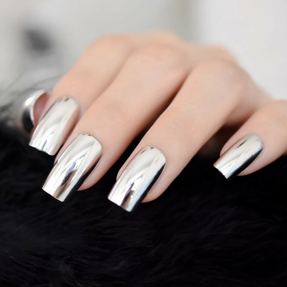 24 Silver Chrome Press On Nails Mirror metallic GLUE ON kit medium square
