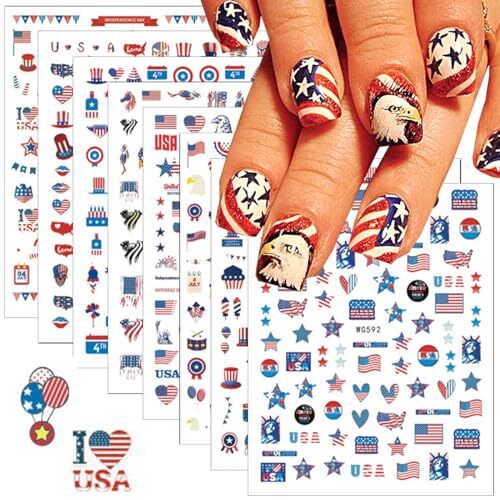 4th of July Nail Stickers, 8 Sheets American Flag Independence Day Nail Art