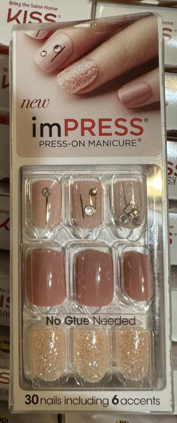 Kiss Press on Nails Manicure Short French Pink Glitter jewel accents mauve