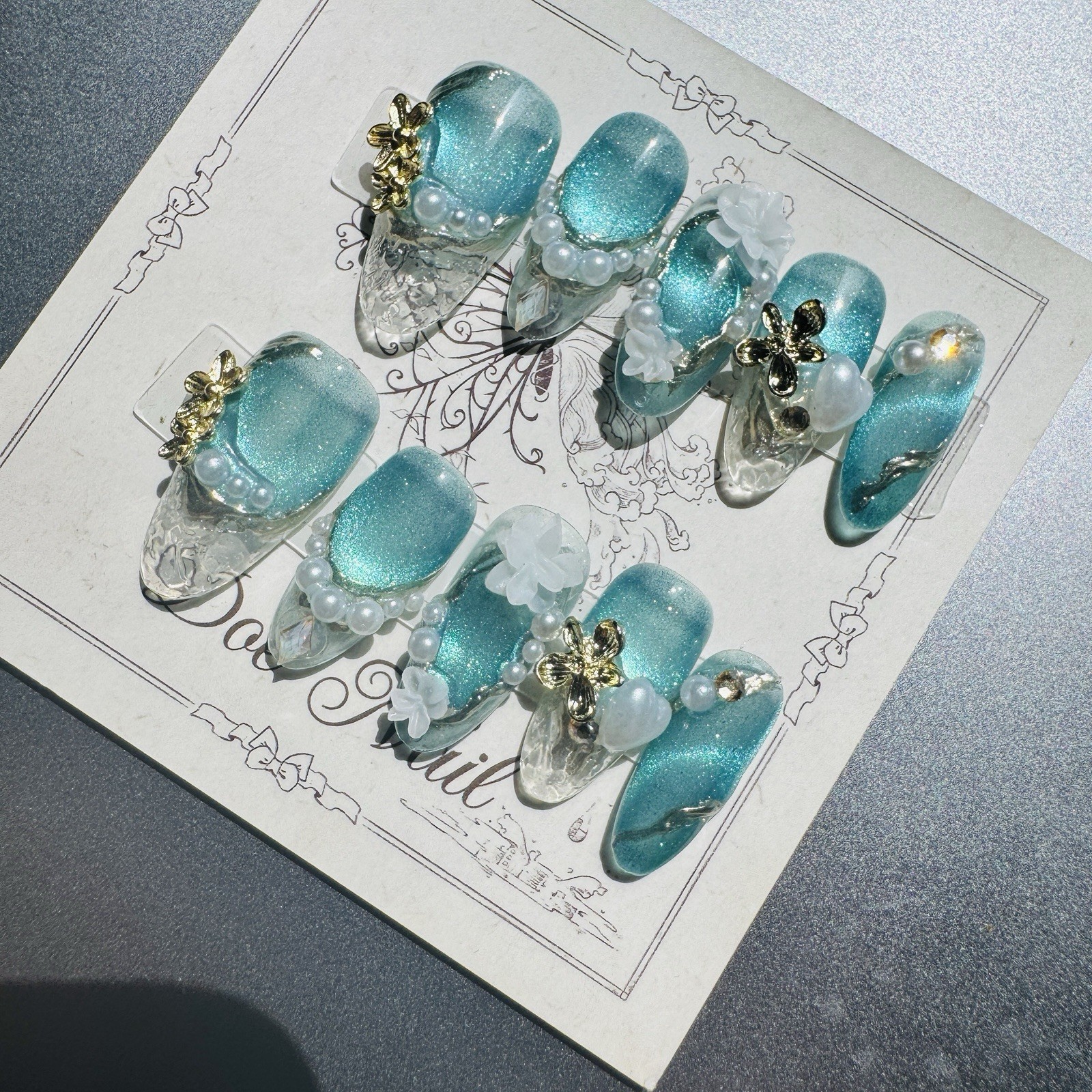 Press-On Nails Long Almond Blue/Clear/White/Gold Flowers 3D Shiny Full Cover