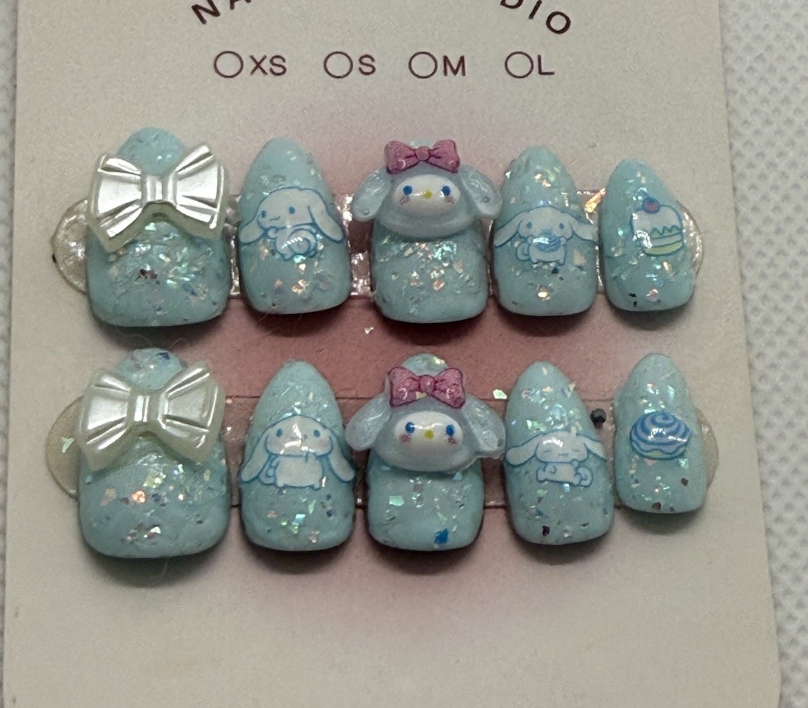Handmade Kawaii Blue my melody Nails Glitter Acrylic 3D Sanrio Set medium