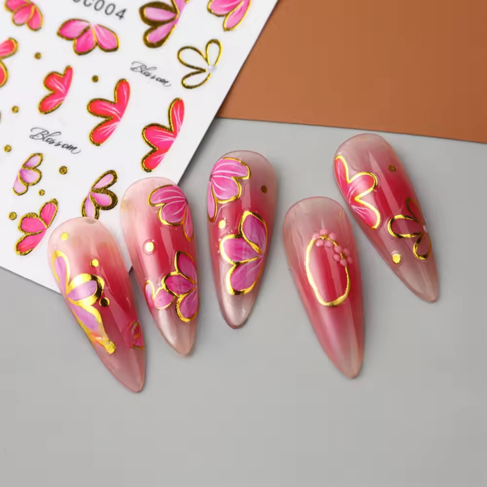 3D Pink Gold Flower Nail Stickers Metallic Floral Sakura Nail Art Decals DIY