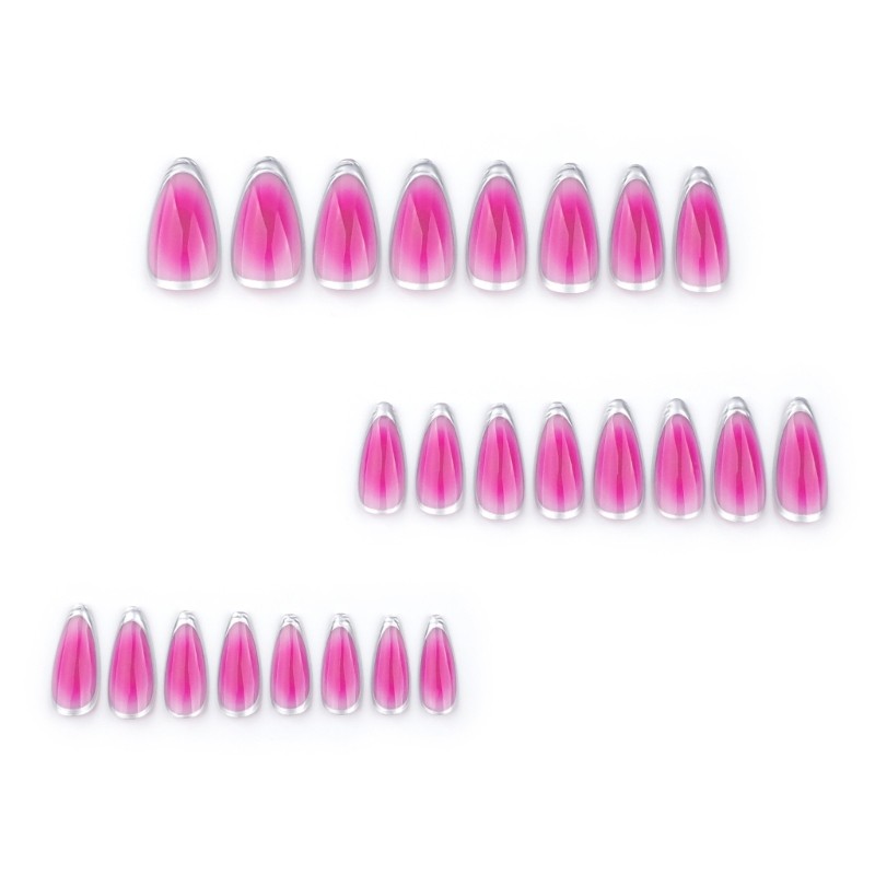 Fashionable Rose Red And Silver French Almond Press on Nail Acrylic Nail Tips