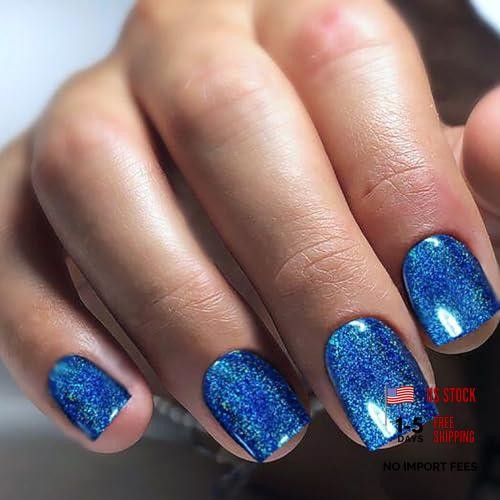 Royal Blue Press on Nails – Glitter Short Square Fake Nails – False Style5