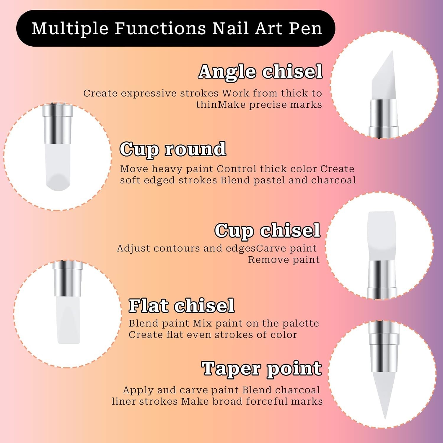 5 Pcs Nail Art Sculpture Pen Dual Tipped Silicone Nail Tools Nail Art Acrylic…