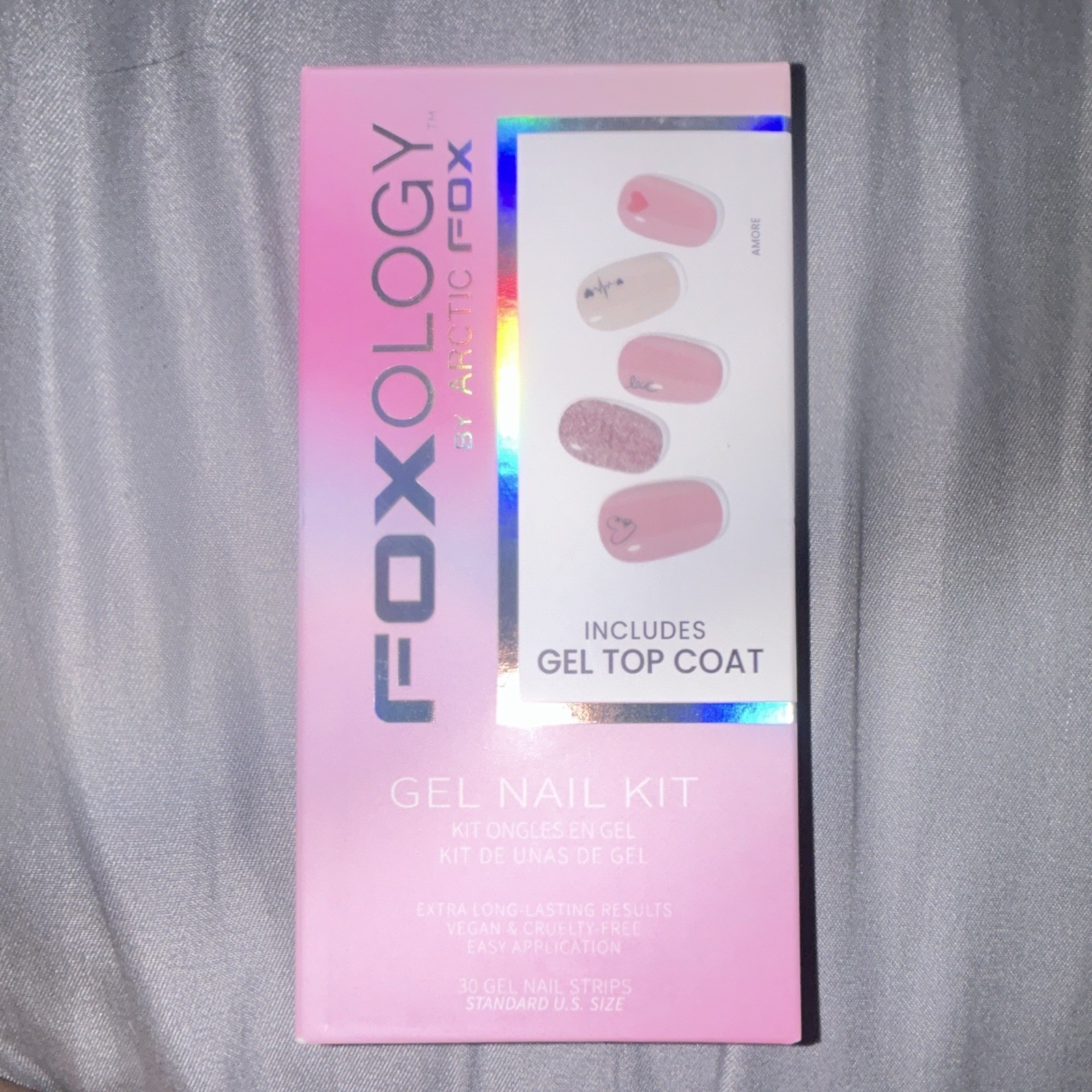 Foxology Gel Nail Strips Set Amore Pink Heart Glitter Oval Short w/ Gel Top Coat