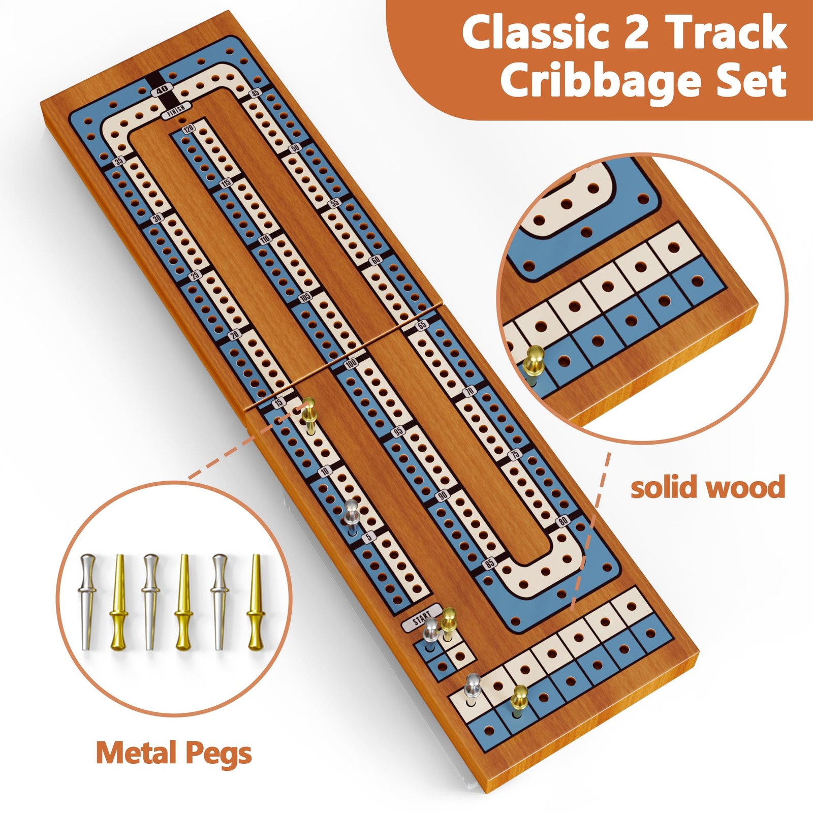Small Size Travel Wooden Cribbage Board Game Set – 2-Track Small, Wood