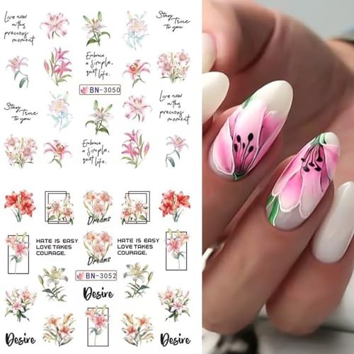 12 Sheetss Nail Stickers Water Transfer Decals Slider Art Lily Flower