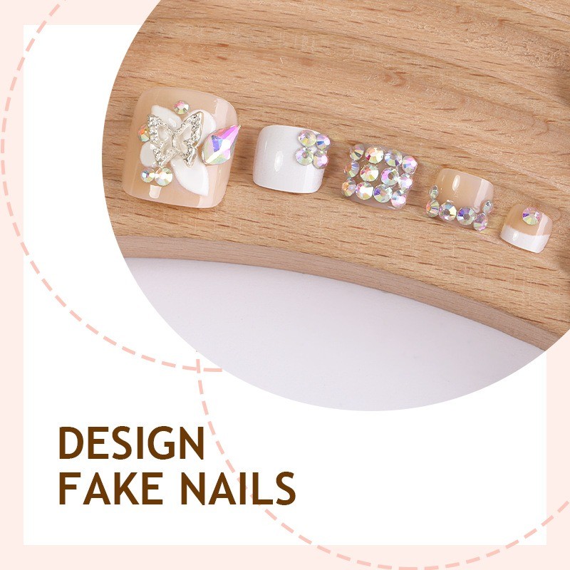 48pcs-Nude & White French Toenails, Press on Nails with Sparkle Rhinestone Trim