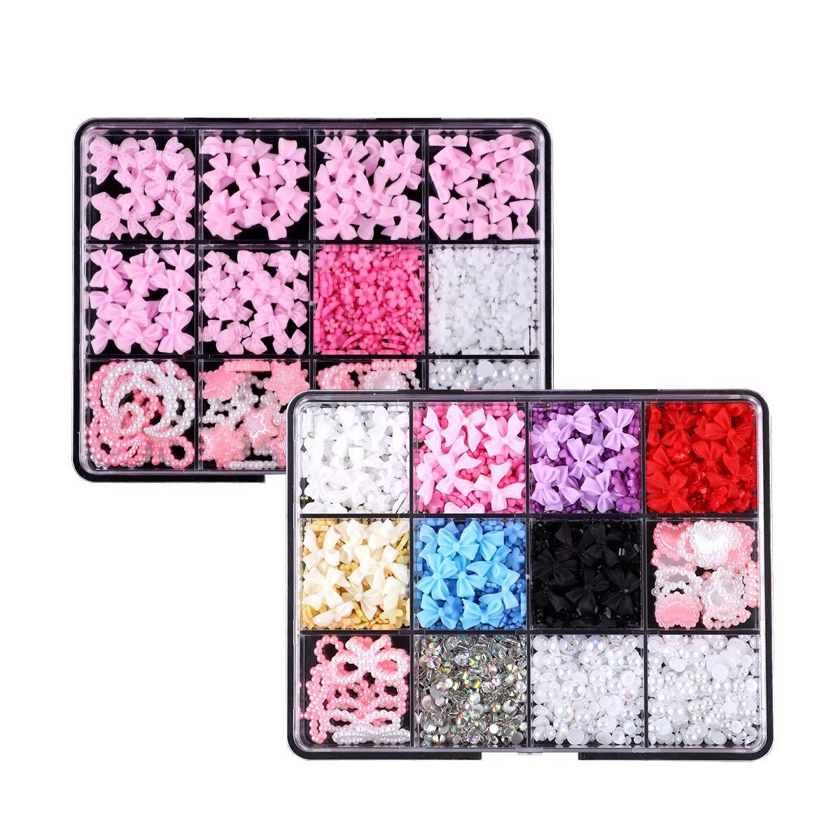 Mixed Flatback Gems & Charms Kit, Bows Flowers Alloy Resin Nail Art Storage Box