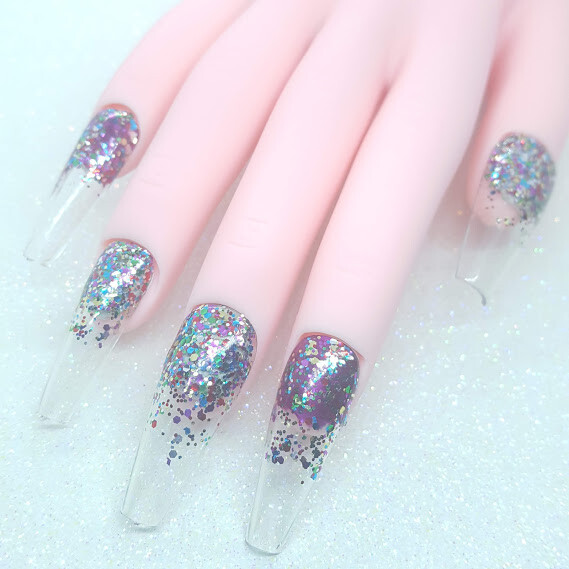 Clear Pride Pink Blue Green Glitter Nail Bed Press On Nails Handmade Hard Gel