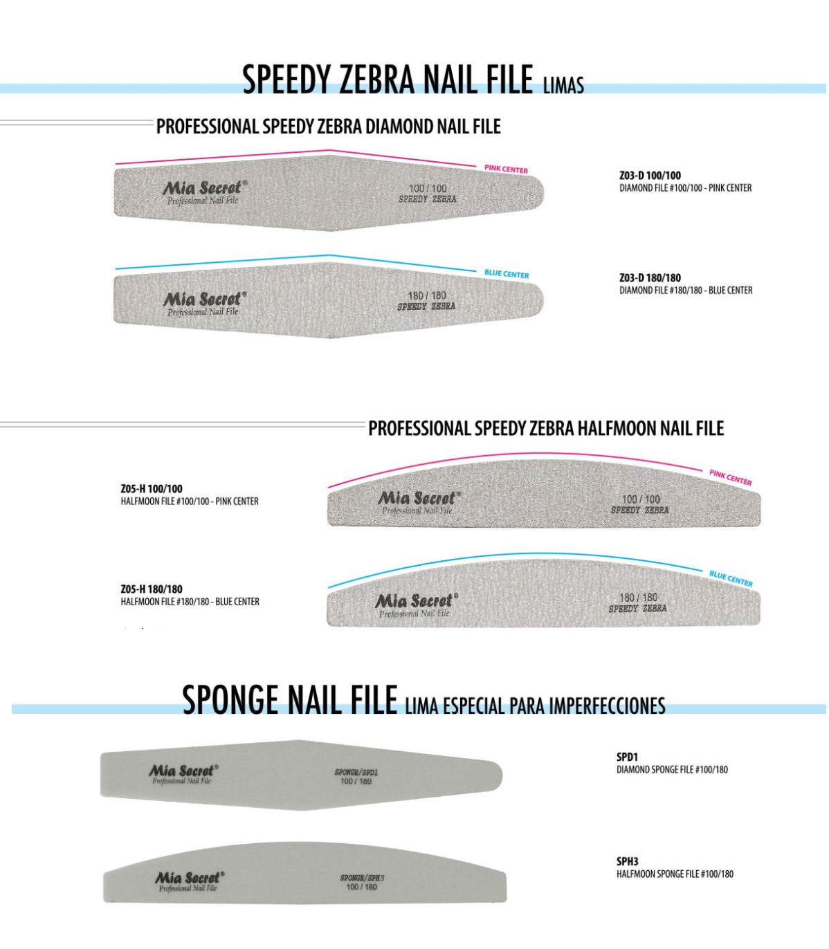 Mia Secret Nail File – Speedy Zebra/ Sponge (Diamond/Halfmoon) – Pick Yours