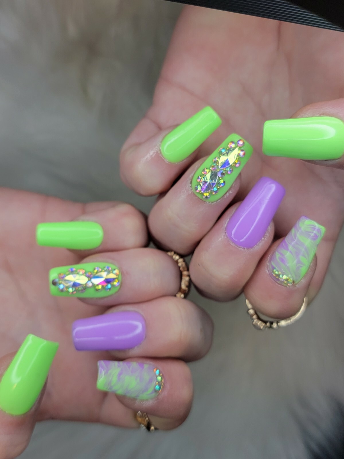 Green & purple marble bling press on nails square watercolor spring pastel nail