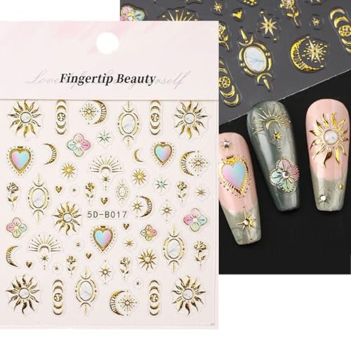 Gold Nail Stickers 5D Sun Moon Heart Nail Decals 2PCS 3D Self Gold Style